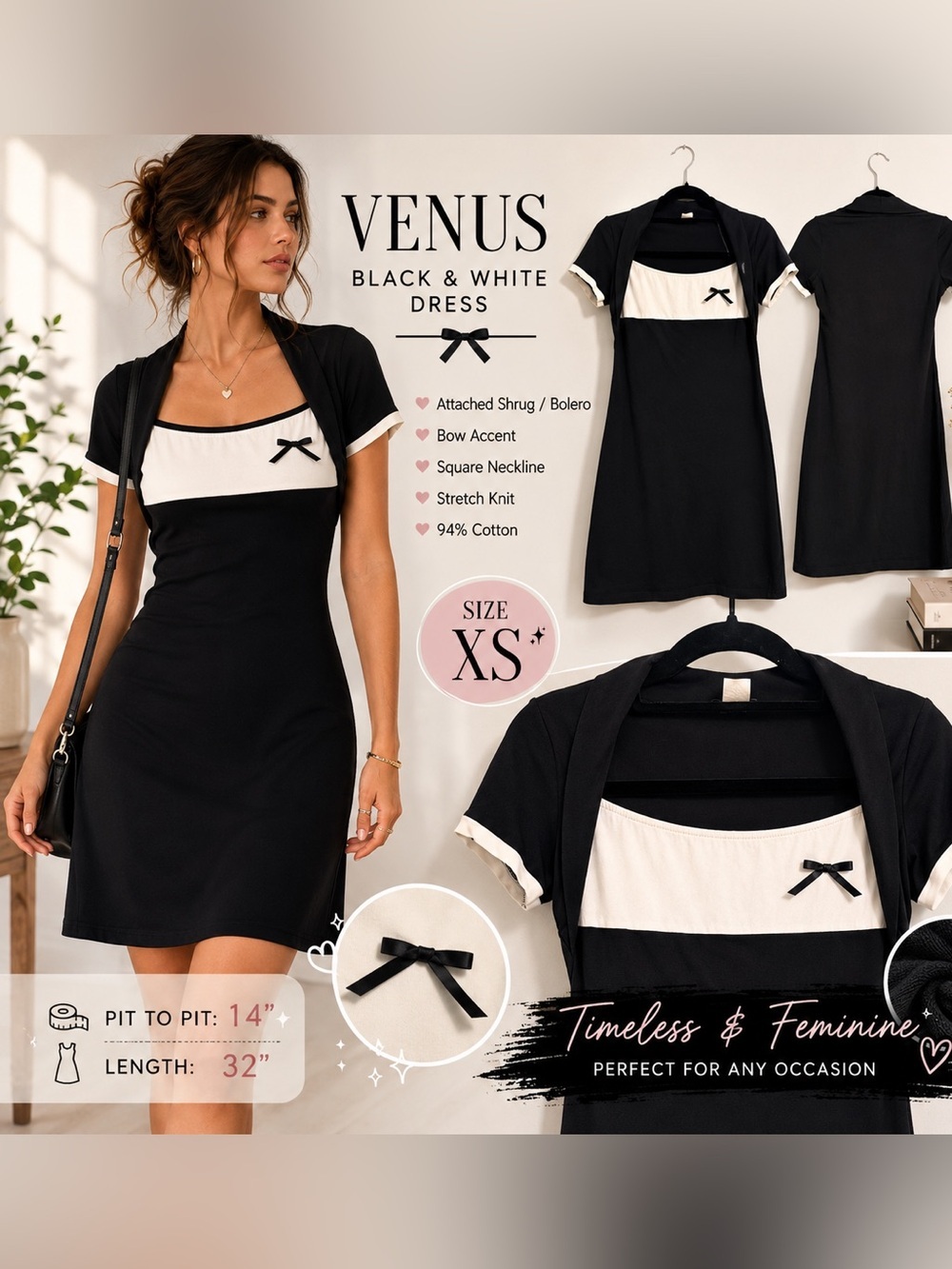 VENUS Black & White Colorblock Knit Dress with Attached Shrug Bolero
